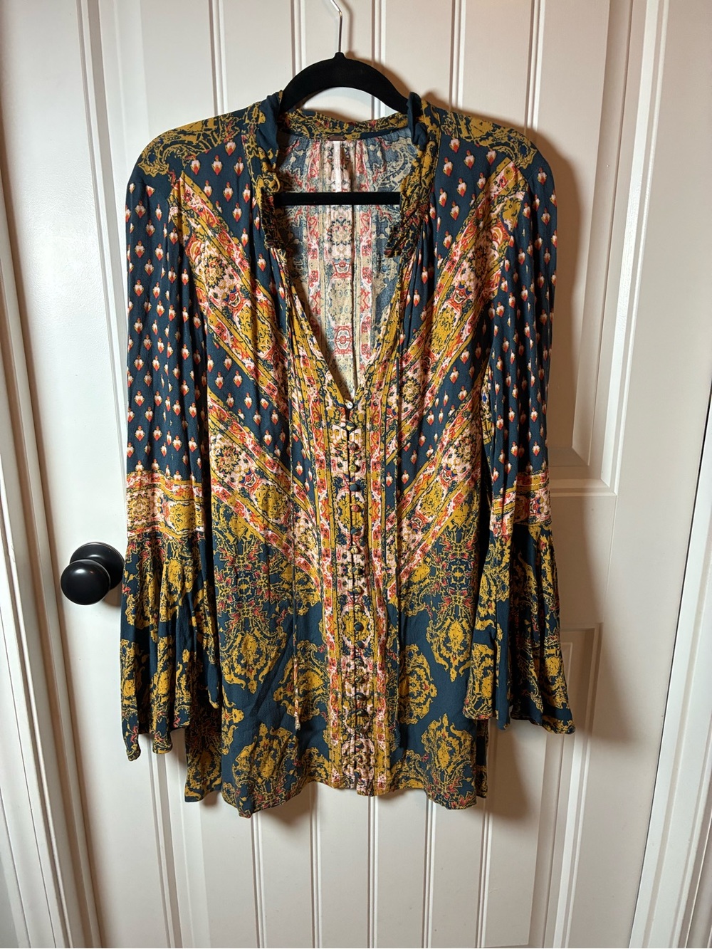 Free People Patchwork Paisley Mini Dress in Teal and Mustard
